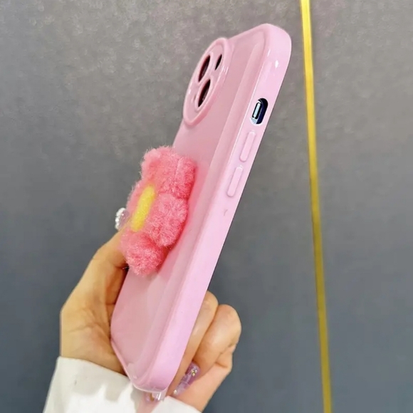 iPhone 14 Pink Flower Phone Case with Fuzzy 3d Flower - Picture 4 of 5